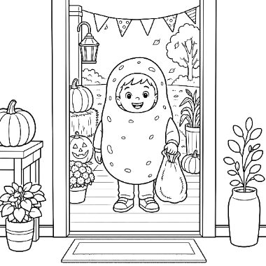 A child dressed as a potato stands in a doorway holding a trick-or-treat bag, with pumpkins and autumn decor visible behind.