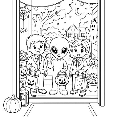 Two children and an alien in costumes hold treat bags on a doorstep decorated for Halloween with pumpkins and ghosts.