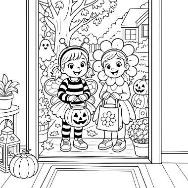 Two children dressed as a bee and a flower stand at a doorway holding pumpkin treat bags, with a ghost and jack-o'-lanterns nearby.
