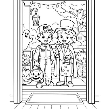 Two boys in Halloween costumes, one a racer and one a vampire, stand on a porch holding treat bags near jack-o'-lanterns.