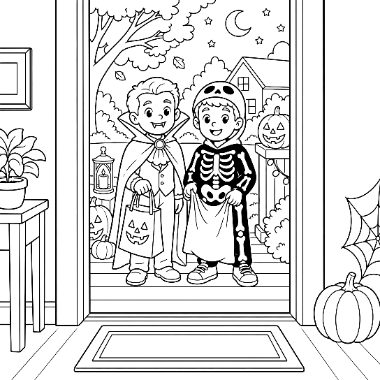 Two children dressed as a vampire and a skeleton stand at a doorway, trick-or-treating with jack-o'-lanterns nearby.