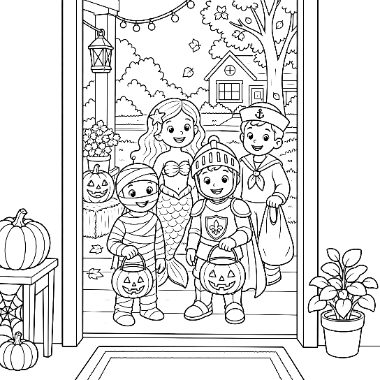 Children in mermaid, mummy, knight, and sailor costumes stand in a doorway holding jack-o-lantern candy buckets on Halloween.