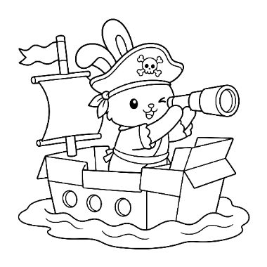 A bunny wearing a pirate hat and bandana looks through a spyglass while standing in a cardboard box boat with a sail.