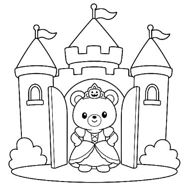 A teddy bear dressed as a princess stands in the open doorway of a castle with towers and flags.