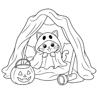 Line drawing of a kitten wearing a ghost costume peeking out from under a draped blanket, with a jack-o-lantern basket and flashlight nearby.