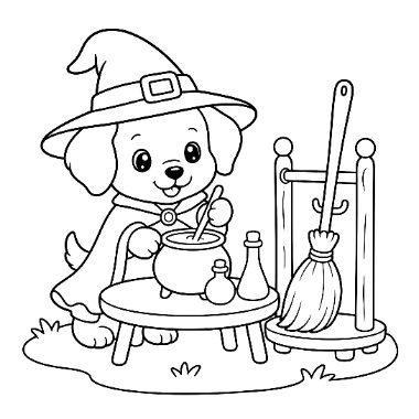 A cartoon puppy wearing a witch hat and cape stirs a cauldron on a small table, with a broom stand nearby.