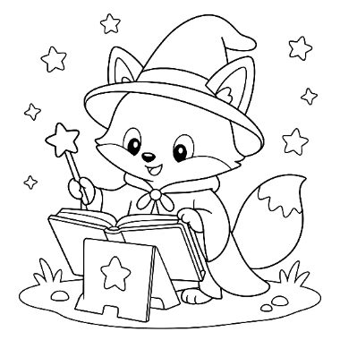 A cartoon fox wearing a wizard hat and cape holds a magic wand while reading an open book, surrounded by stars.