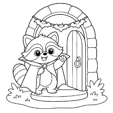 A cartoon raccoon wearing a vampire cape waves cheerfully while standing in front of a stone archway with a wooden door.