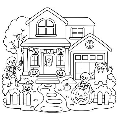 A two-story Halloween house with a garage, decorated with pumpkins, a ghost, skeletons, a monster, and a bat garland.