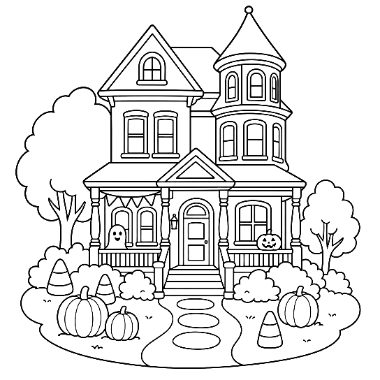 Line drawing of a Victorian house with a turret, porch, and jack-o'-lanterns and pumpkins in the yard for Halloween.