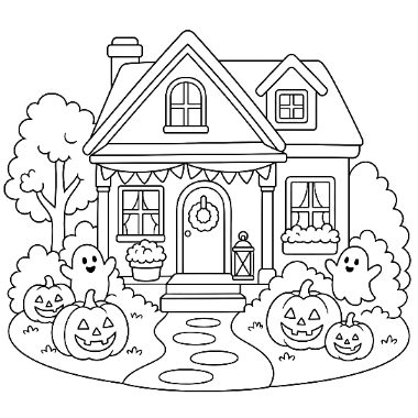 Line art of a decorated house with pumpkins, ghost figures, bunting, and a wreath on the front door.