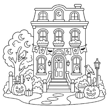 Line art of a three-story house decorated with banners, ghosts in windows, crows, and jack-o-lanterns for Halloween.