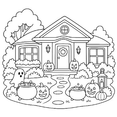 A house decorated for Halloween with jack-o-lanterns, cauldrons, a ghost, and a lantern lining the front walkway.