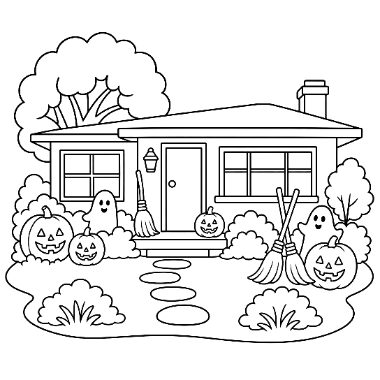 Line drawing of a small house decorated for Halloween with jack-o'-lanterns, ghosts, brooms, bushes, and a stepping-stone path.