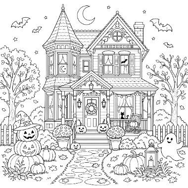 A Victorian house with a turret is surrounded by pumpkins, a scarecrow, a ghost, flowers, bare trees, bats, and a crescent moon.