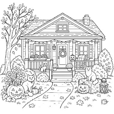 Line art of a cozy cottage decorated for Halloween with pumpkins, cats, a wreath, and a leafy tree in the yard.