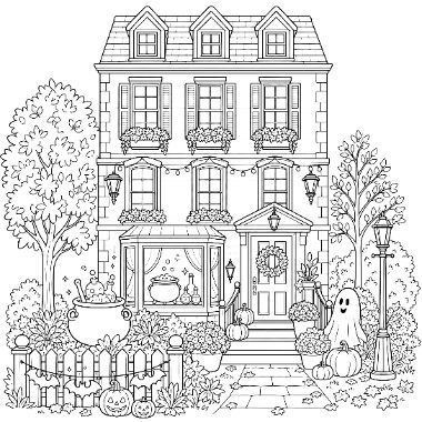 A three-story house decorated for Halloween with pumpkins, a wreath, a ghost, and a cauldron in the yard, flanked by trees.