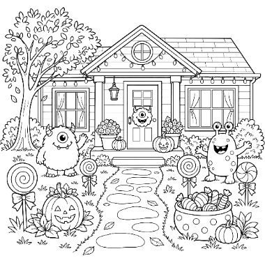 Line art of a house decorated for Halloween with jack-o'-lanterns, lollipops, and friendly monsters in the yard along a curved path.