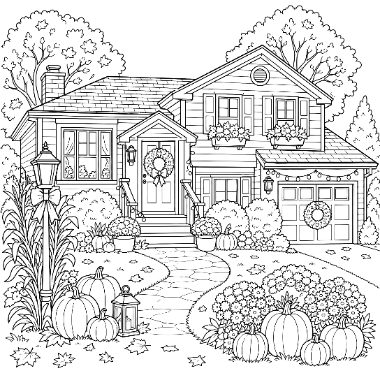 Line drawing of a two-story house decorated for fall with wreaths, garland, a lamppost, and pumpkins lining the pathway and garden.