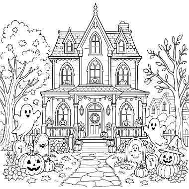 A Victorian haunted house line drawing with two friendly ghosts, jack-o'-lanterns, tombstones, and trees in the yard.
