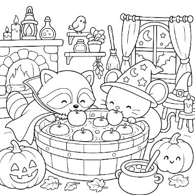 Line art of a raccoon and a witch mouse bobbing for apples in a barrel, surrounded by pumpkins near a fireplace.