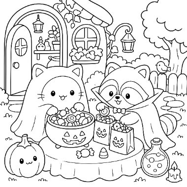 A cat and raccoon in ghost costumes sit at a table with candy, jack-o'-lantern bowls, and a pumpkin outside a house.
