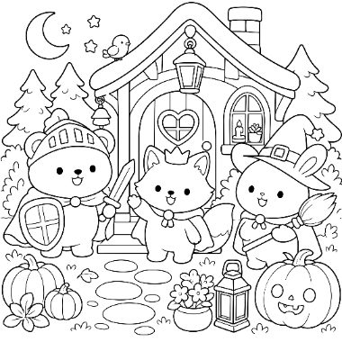 Line art of a cat knight, fox princess, and rabbit witch standing outside a cottage with pumpkins and a crescent moon above.