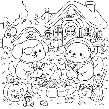 A dog in a pirate hat and a cat in an astronaut helmet roast marshmallows over a campfire in front of a cozy house on Halloween night.