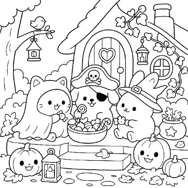 Three costumed animals, a ghost cat, pirate dog, and witch bunny, sit with candy near a house and jack-o'-lanterns.