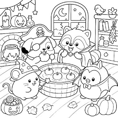 A dog pirate, raccoon, mouse witch, and bat gather around a tub of apples for a Halloween bobbing game.