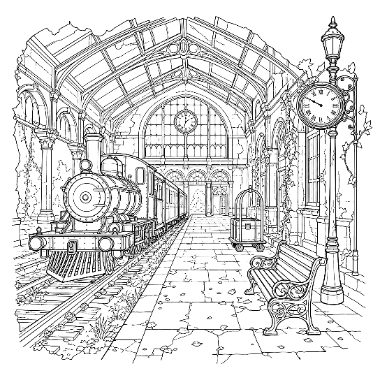 Line drawing of a vintage steam locomotive at an old train station with a clock, lamppost, and bench.