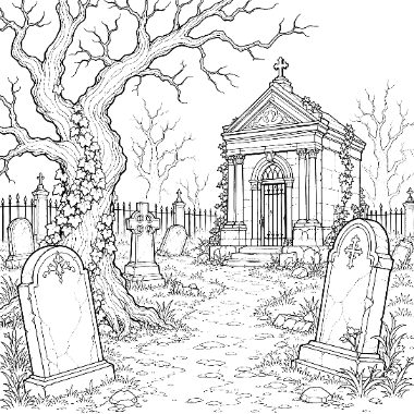 A line drawing of a cemetery with a stone mausoleum, gravestones, a gnarled tree, and an iron fence in the background.
