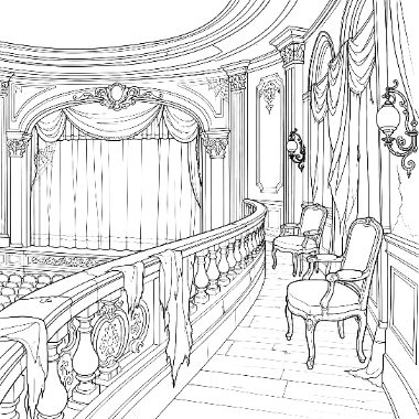 Line drawing of an elegant theater balcony with draped curtains, a chandelier, decorative railings, and two upholstered chairs.