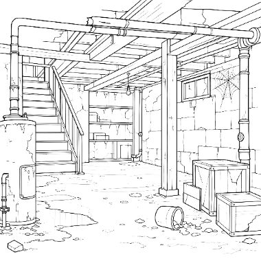 Line drawing of an old basement with overhead pipes, a wooden staircase, water heater, stone walls, and stacked crates on the floor.