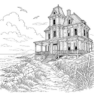 Line drawing of an ornate Victorian house on a coastal hill with a rocky beach, fence, and clouds in the background.