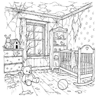A cobweb-covered nursery with a crib, dresser, bookshelf, teddy bear, and toys on a wooden floor, cracked walls visible.