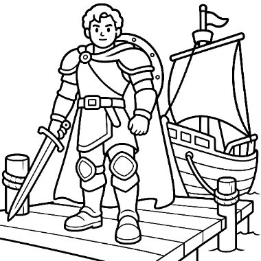 A young armored knight holding a sword stands on a wooden dock beside a sailing ship.