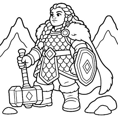 A braided-hair warrior in scale armor and a fur cloak holds a large hammer and shield, standing before mountains.