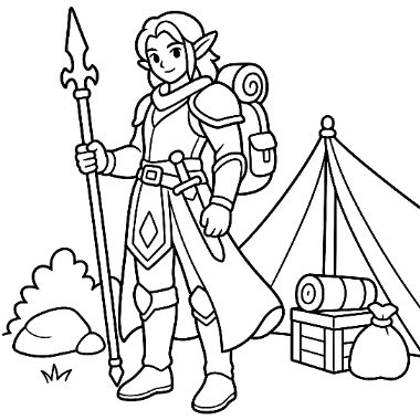 A pointy-eared warrior holding a spear stands with a backpack and cape near a tent, treasure chest, and rolled bedding.