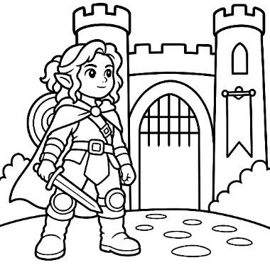 A young knight girl holding a sword and shield stands on a path in front of a castle with a tower and flag.
