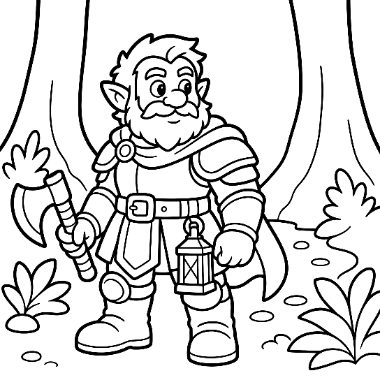 A bearded dwarf in armor stands in a forest, holding an axe in one hand and a lantern in the other.