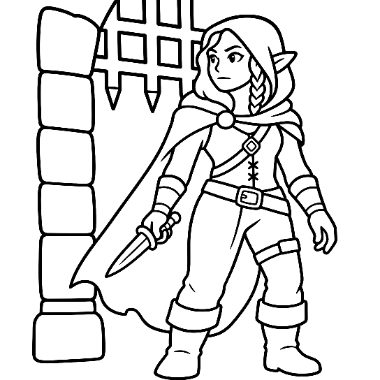Line art of a pointy-eared warrior in a hooded cloak holding a dagger beside a stone tower with a portcullis.