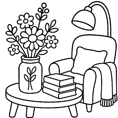 A cozy corner with a jar of flowers and stacked books on a round table beside an armchair with a blanket and floor lamp.