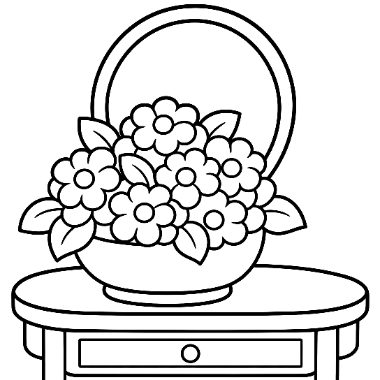 A basket of flowers sits atop an oval side table with a drawer, in black and white line art.