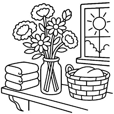 A vase of flowers, folded towels, and a basket sit on a shelf near a sunny window.
