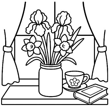 Line drawing of daffodils and irises in a jar vase on a windowsill, beside a teacup, saucer, and closed book, with curtains framing the window.