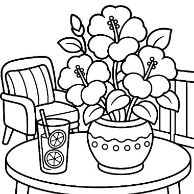 Line drawing of a large hibiscus flower bouquet in a decorative vase on a round table, with a drink and armchair nearby.