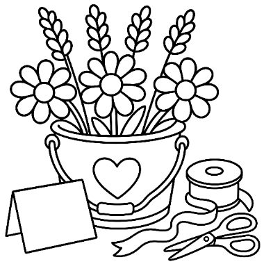 Line drawing of a bucket with a heart, holding daisies and wheat sprigs, beside a blank card, ribbon spool, and scissors.