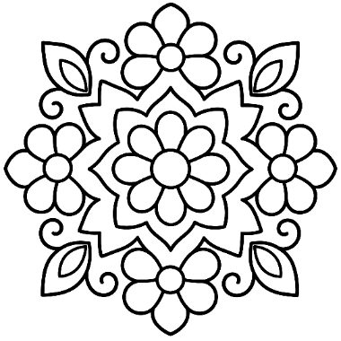 A symmetrical mandala pattern with a large central flower surrounded by four smaller flowers and curling leaf shapes.
