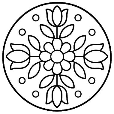 A circular mandala design featuring a central flower surrounded by four petal-shaped leaves, two tulips, and small dots, enclosed in a circle.